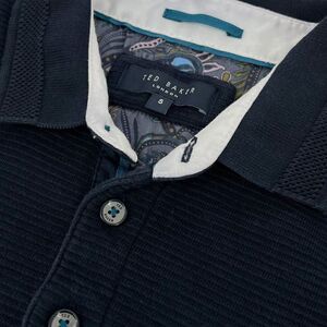 Ted Baker London Men's Terned Ribbed Long Sleeve Polo Shirt Navy Blue XL